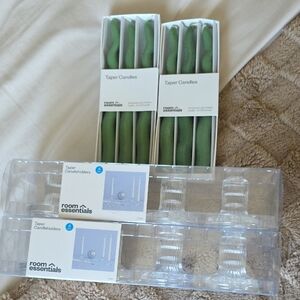 Room Essentials Olive Green Spiral Taper Candles with Clear Holders